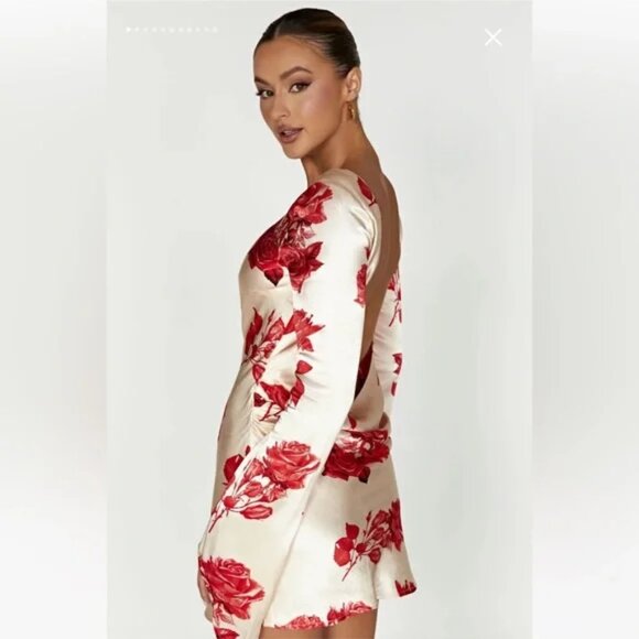 NWT Meshki Davina Satin Long Sleeve Floral  Mini Dress - Rose Print - Picture 3 of 12